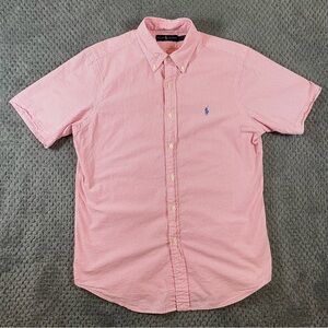 Ralph Lauren Shirt Mens M Pink Striped Seersucker Short Sleeve Button Down Pony